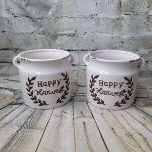 2 Happy Harvest Fall Farmhouse Country Stoneware Utensil Holder Crocks Vase 5"